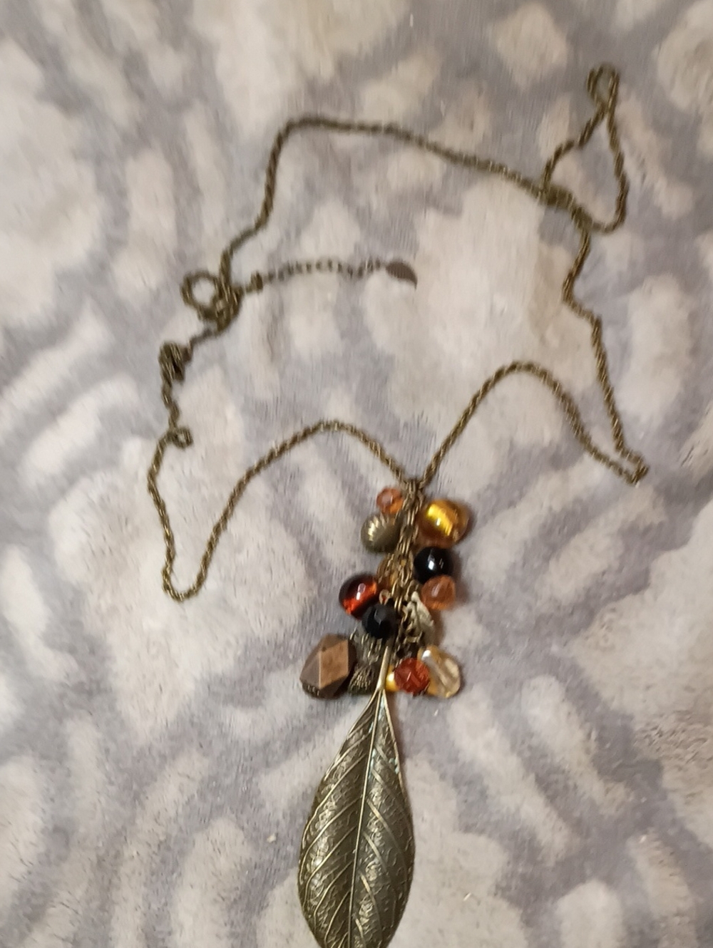 Gold Leaf Pendant Necklace with Amber and Brown Beads - Women Jewelry